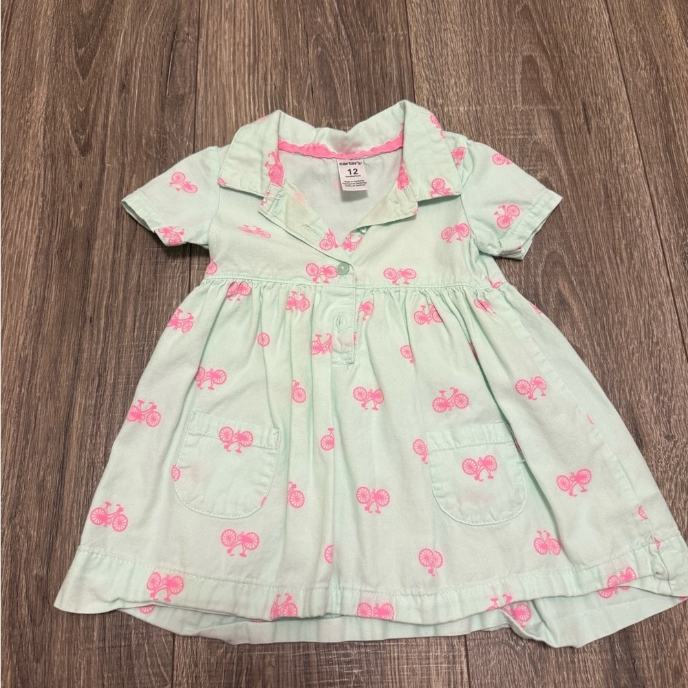 Carters Baby Girl Mint Green And Pink Bicycle Print Dress Size 12 Months